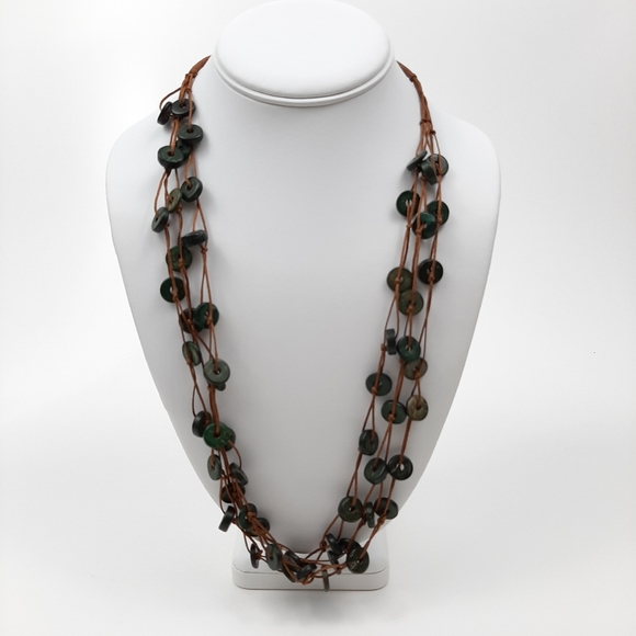 Cord and Stone Statement Necklace Brown and Green - Picture 2 of 9